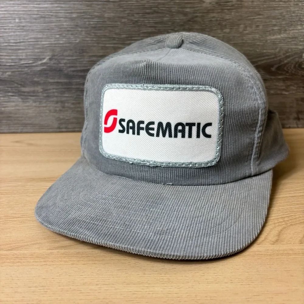 Vintage Safmatic Hat Cap Snap Back Gray Corduroy Patch Logo Adjustable